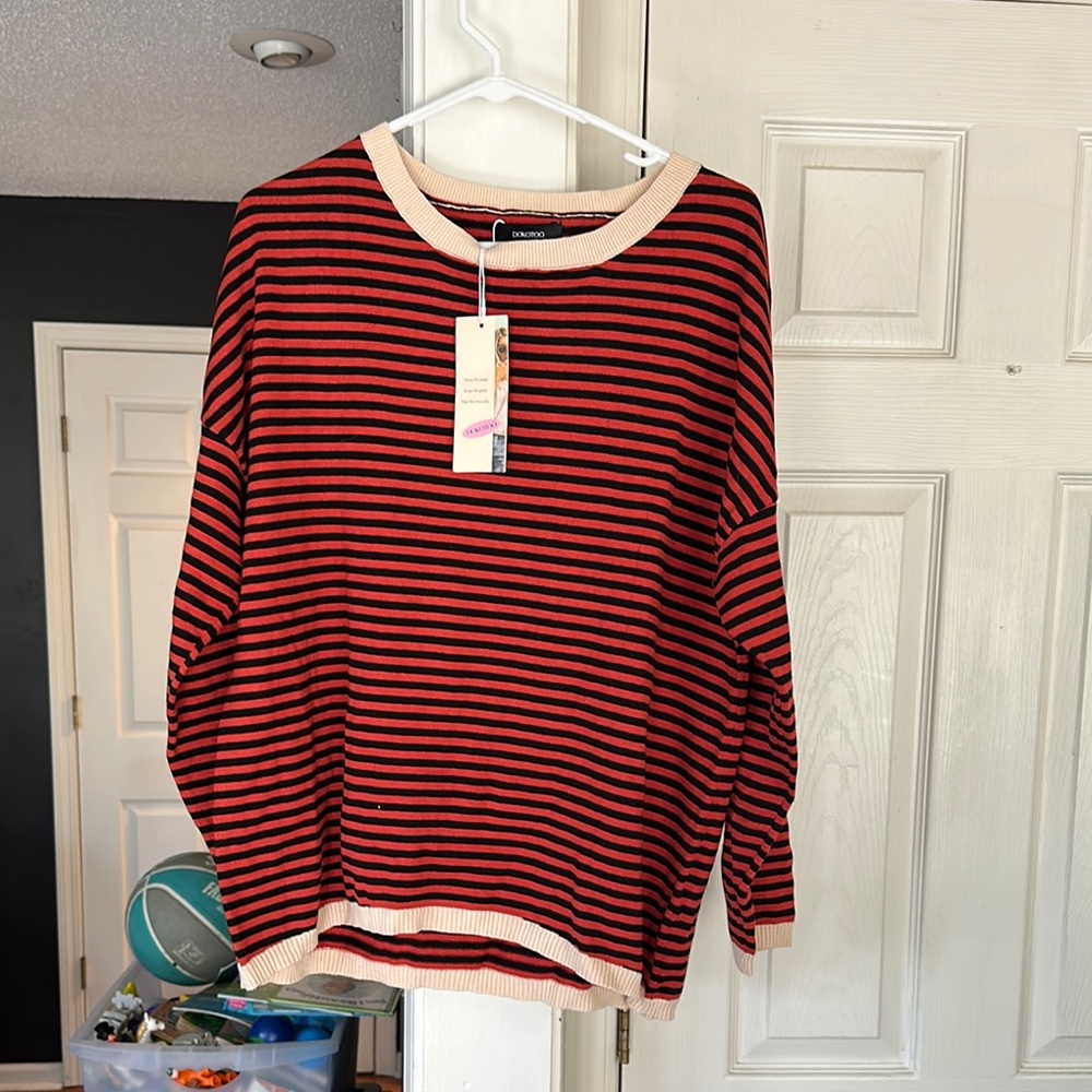 Red and Black Striped Crew Neck Sweater